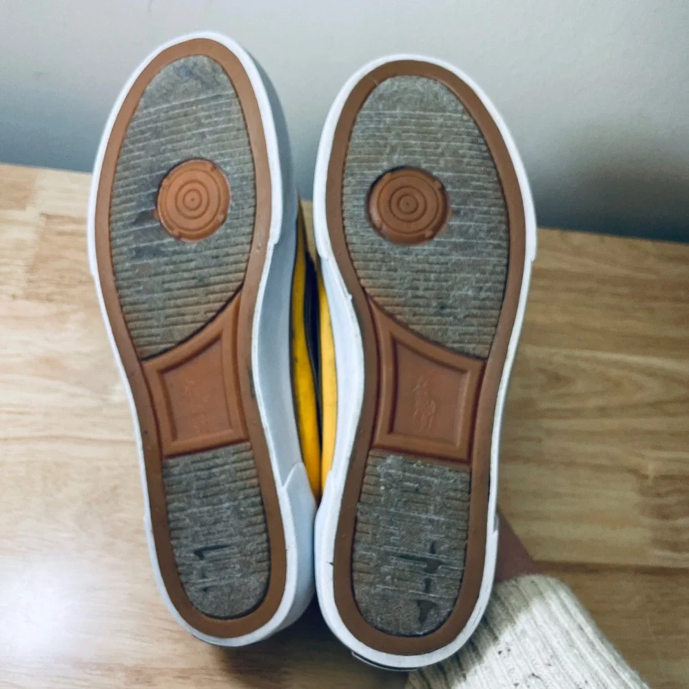 Polo Ralph Lauren Mens Lander P Yellow Canvas Boat Shoes 9D Brown Trim